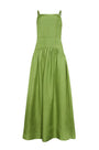 The Newberry Dress, spaghetti strap linen midi dress, in Glass Green.