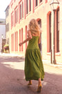 The Newberry Dress, spaghetti strap linen midi dress, in Glass Green.