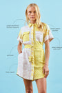 The Nicole Dress in Marble Mix with self-tie belt and fabric bell ends with call outs.