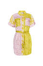The Nicole Dress in Marble Mix with self-tie belt and fabric bell ends.