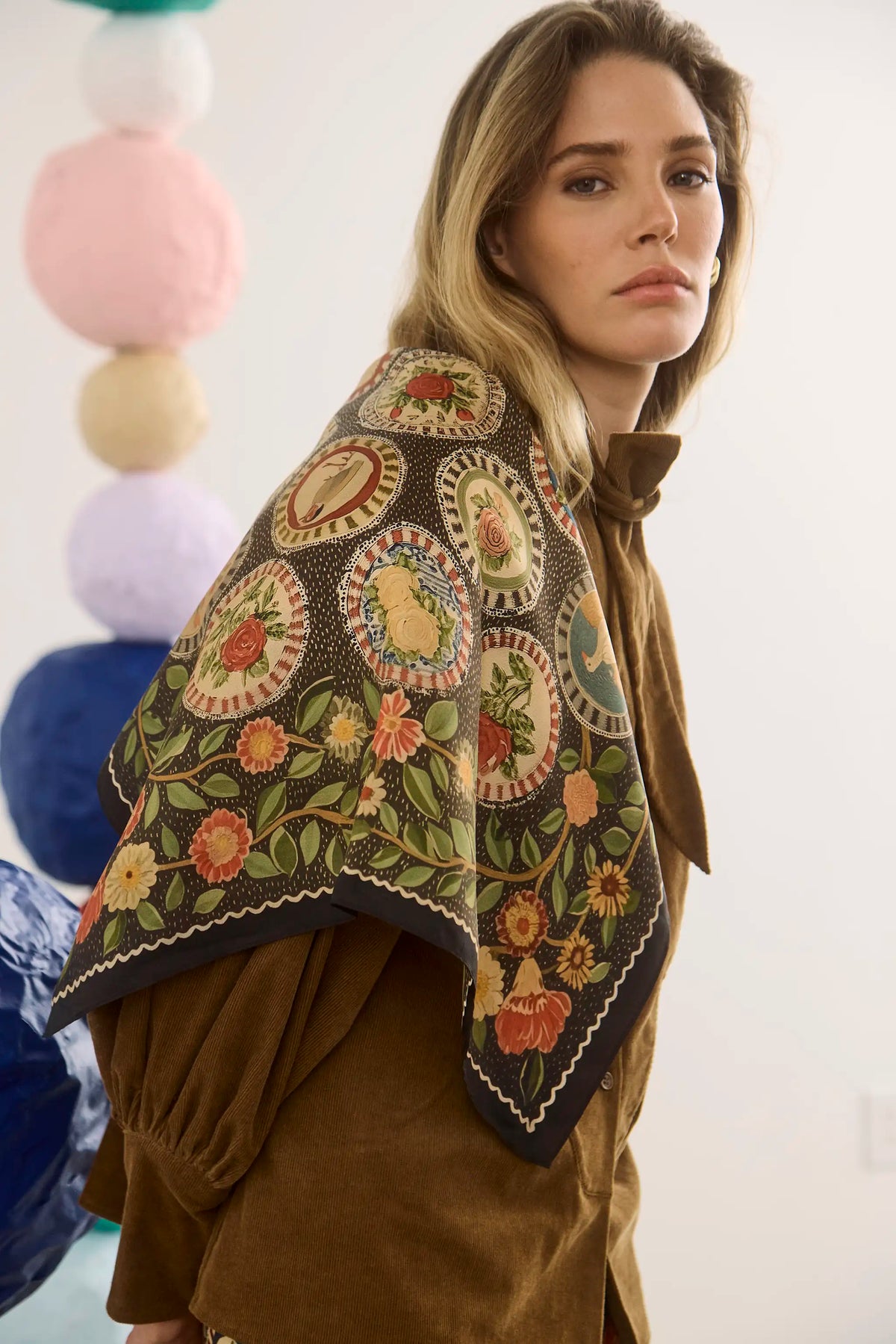 The Oversized Scarf in Found Heirloom paired with the Odessa Shirt in Khaki. 