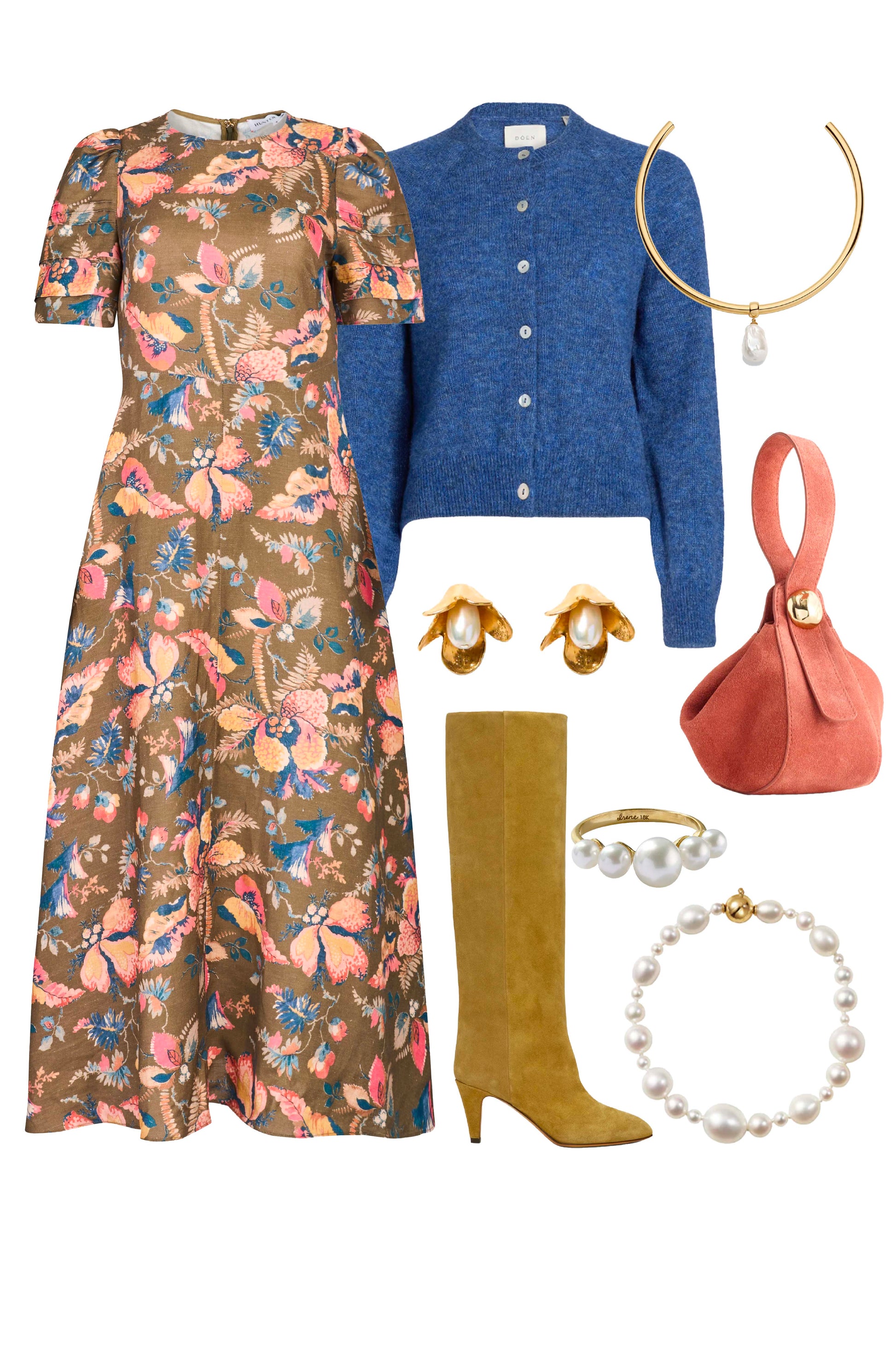 Sheath midi dress with curved waist and relaxed skirt in Olive Floral print.