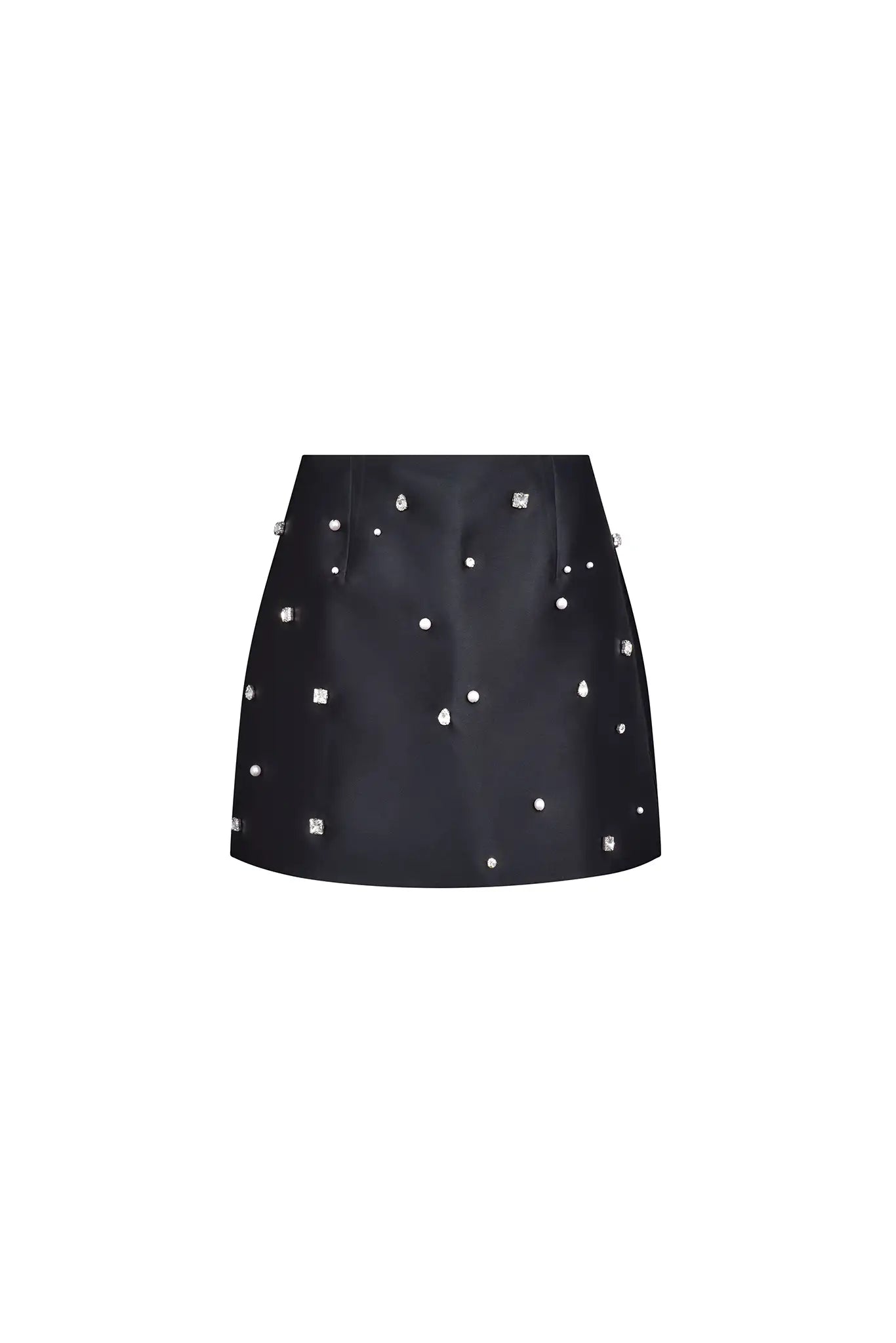The Britt Skirt is a duchess satin black mini, hand embroidered with pearl and rhinestone detailing.