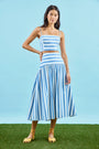 The Alyssa Midi Skirt paired with matching pepper top in blue and white stripe on model.