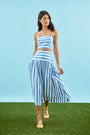 The Alyssa Midi Skirt paired with matching pepper top in blue and white stripe on model.