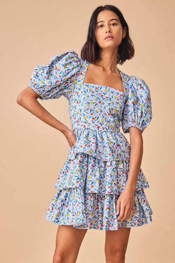 Porter dress is a dressy fit and flare mini, made of stretch cotton sateen in a joyful floral print.