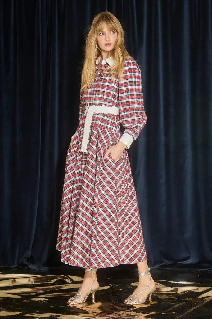 The Randolph Dress has a circle skirt, full length sleeves with button cuffs and optional belt.