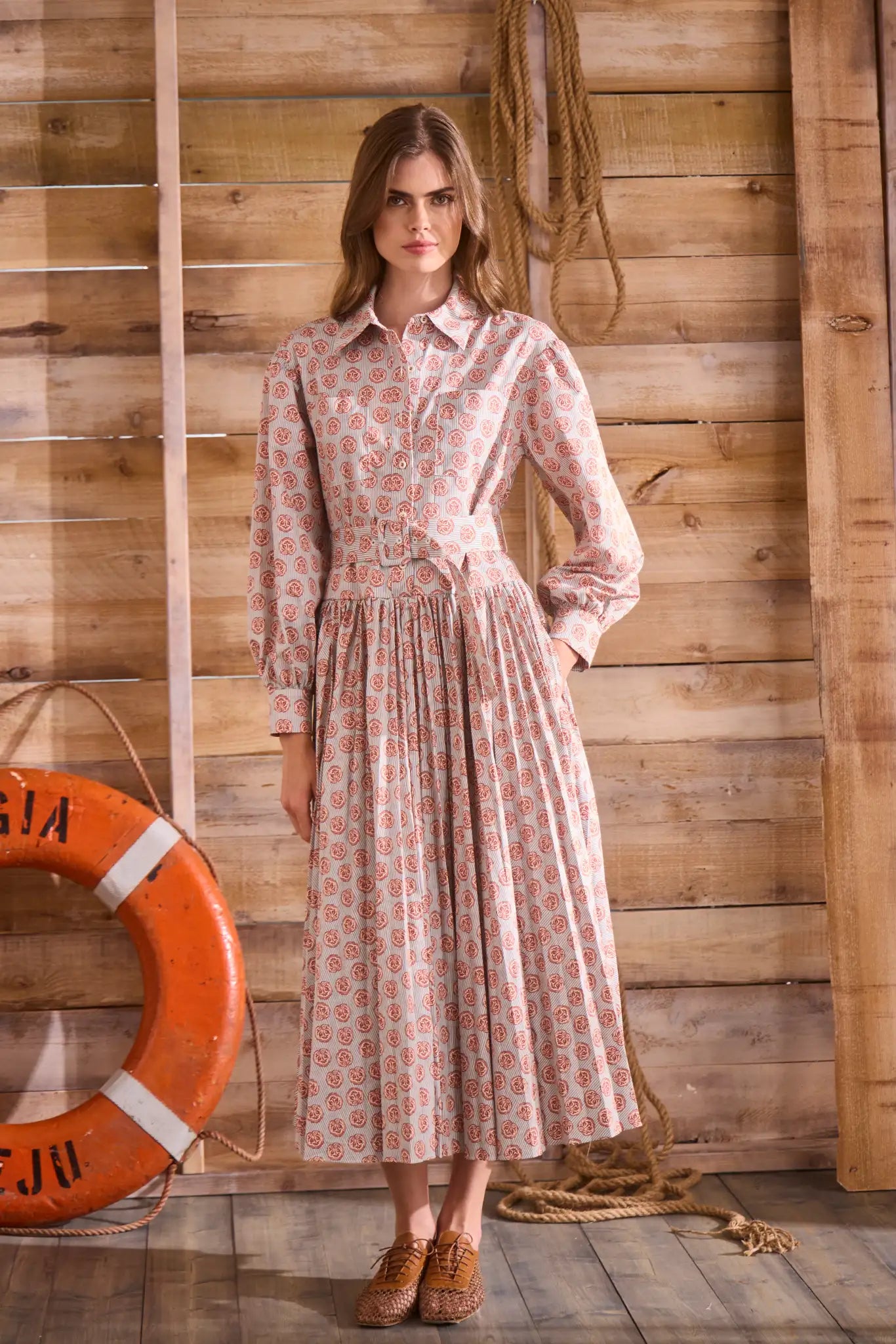 Shirtdress in lightweight cotton sateen with a sunburst circle skirt & voluminous sleeves