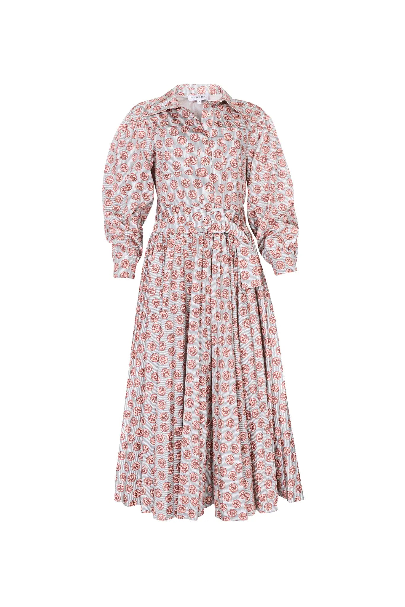 Shirtdress in lightweight cotton sateen with a sunburst circle skirt & voluminous sleeves
