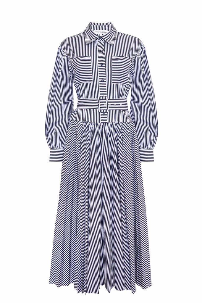 The Randolph striped shirtdress has a pleated skirt and an optional belt.