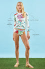 A long sleeve rash guard in our custom anniversary print.