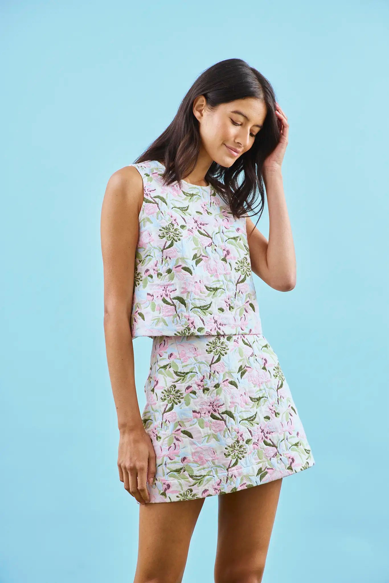 The Rebecca Top in Magnolia Grove Jacquard paired with matching Britt Mini Skirt.