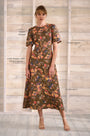 Sheath midi dress with curved waist and relaxed skirt in Olive Floral print.
