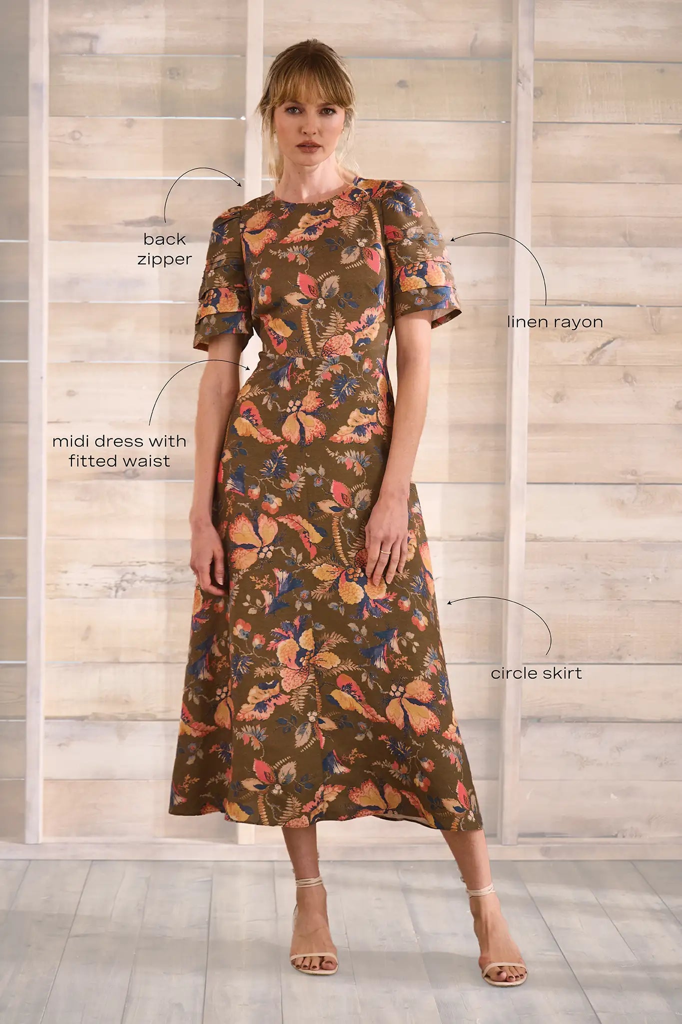Sheath midi dress with curved waist and relaxed skirt in Olive Floral print.