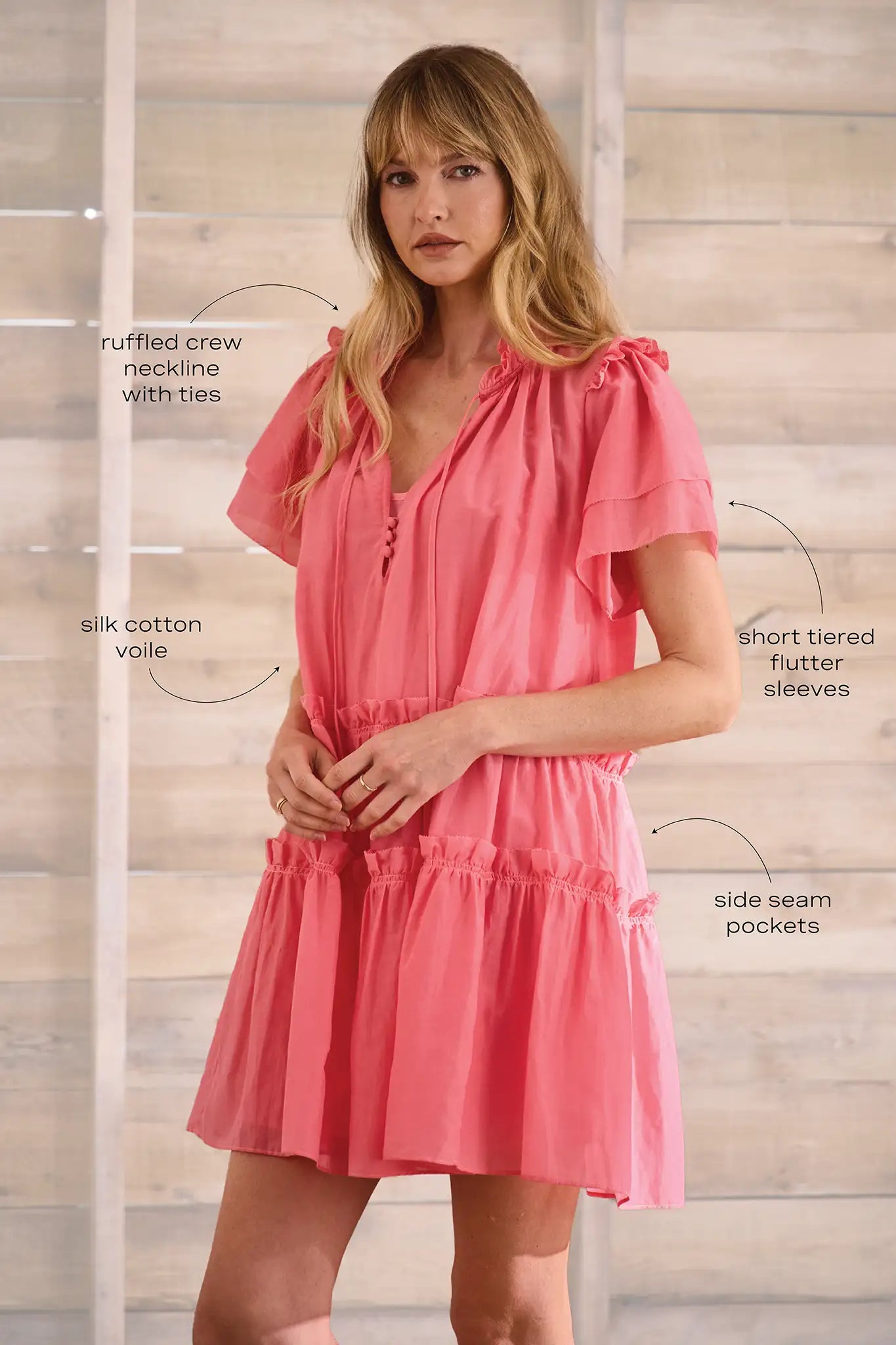 Peony cotton-silk voile swing mini dress with a ruffled crew neckline & short tiered flutter sleeves