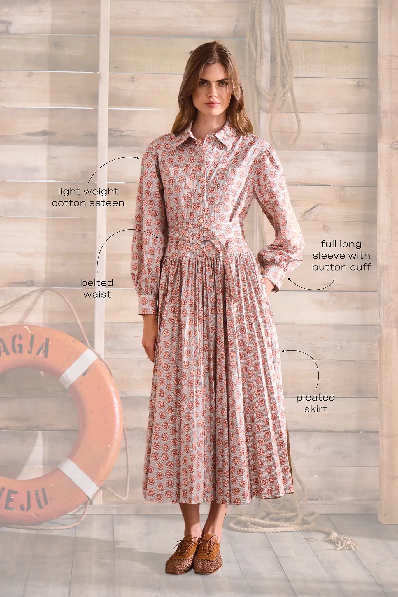 Shirtdress in lightweight cotton sateen with a sunburst circle skirt & voluminous sleeves