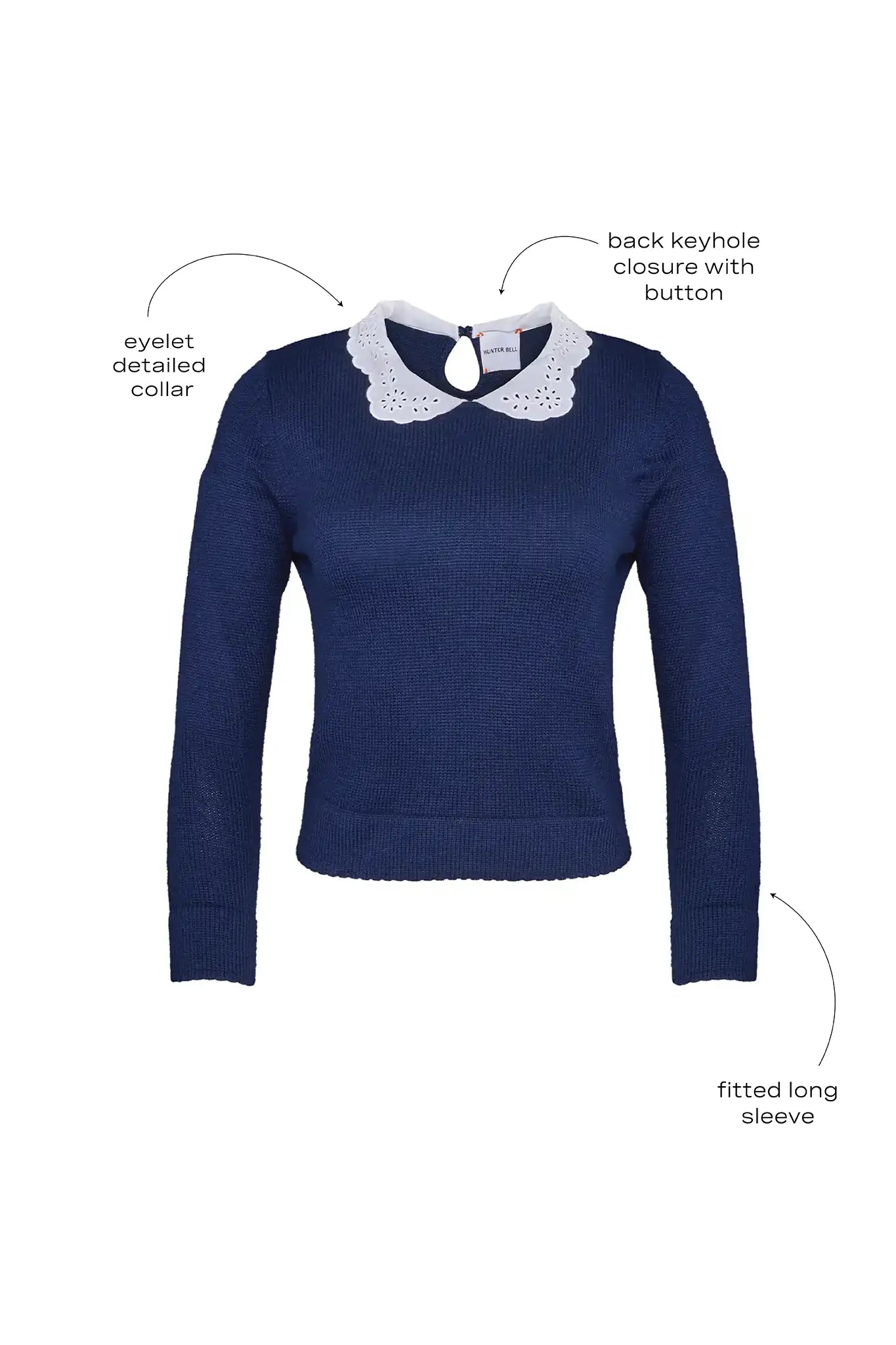 Fitted long-sleeve sweater with a delicate lace-look and eyelet-detailed collar. 