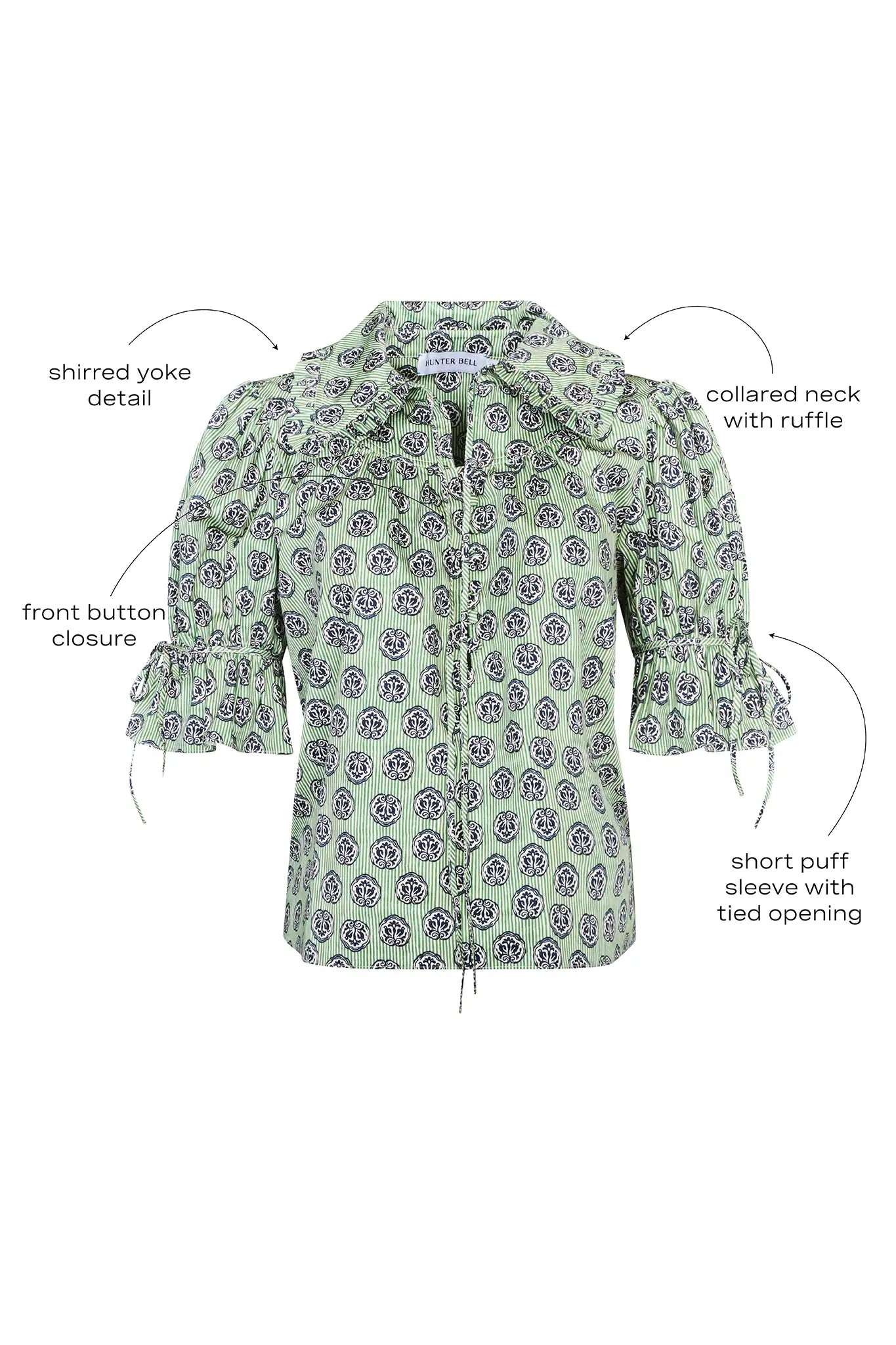 Navy Bird Block lightweight cotton sateen blouse with a relaxed collared silhouette & pintuck detail