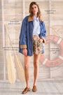Oversized Indigo Blue barn jacket with contrast cuffs, roomy patch pocket and toggle front closure