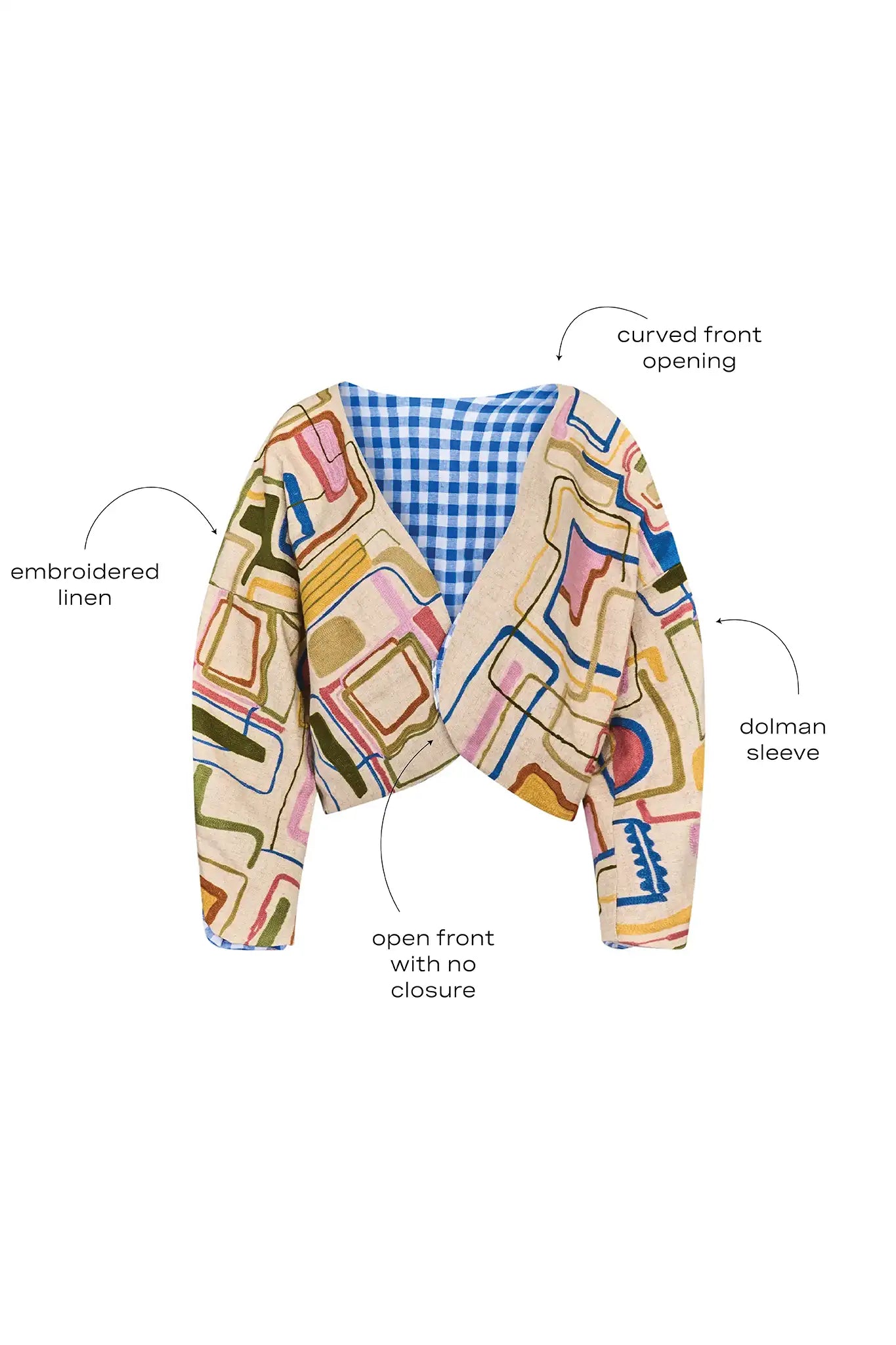 Throw-on jacket with curved, open front, and dolman sleeves.