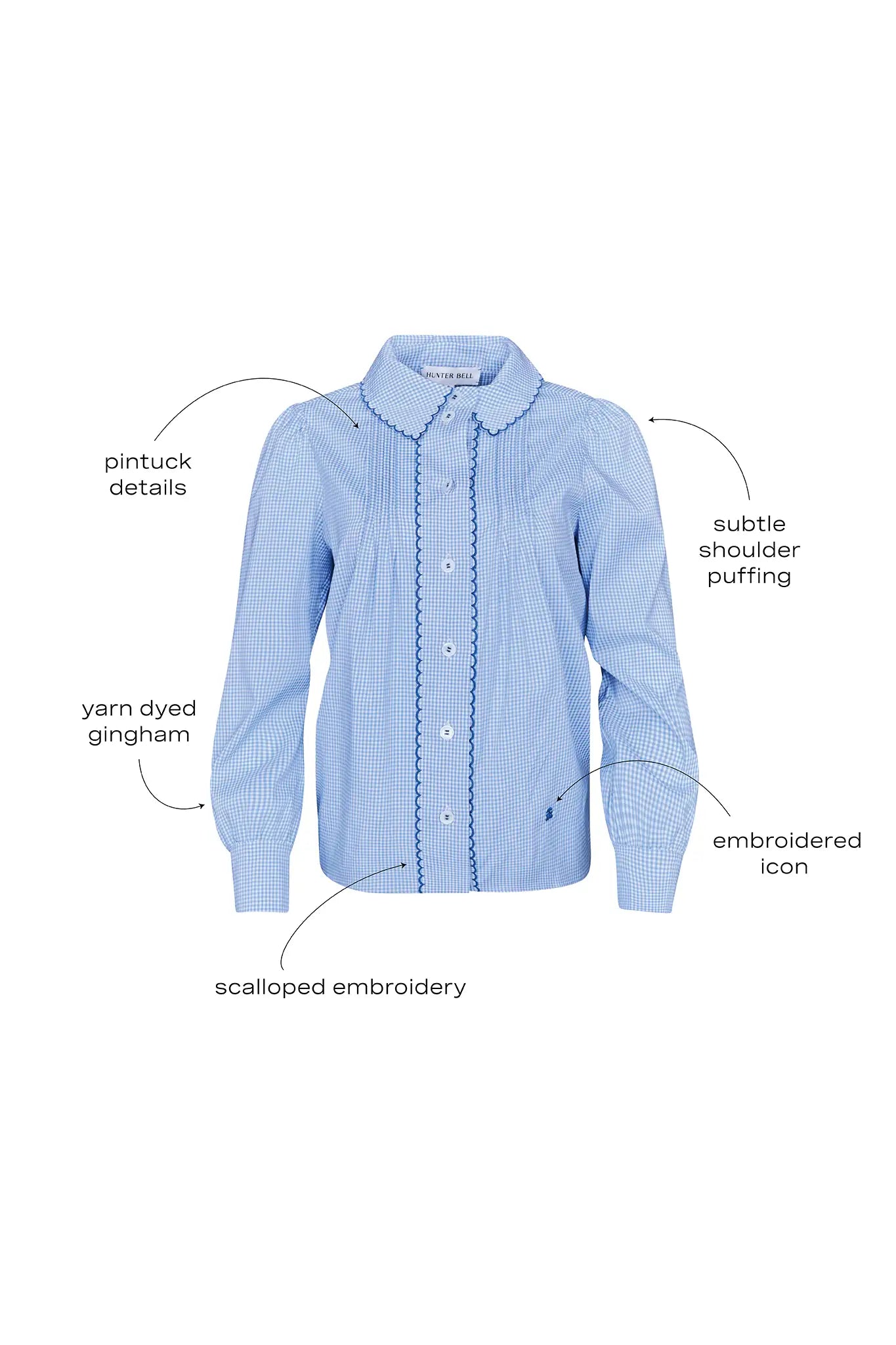Blue and white gingham button down with a button front placket, shoulder puffing, and pintuck detail