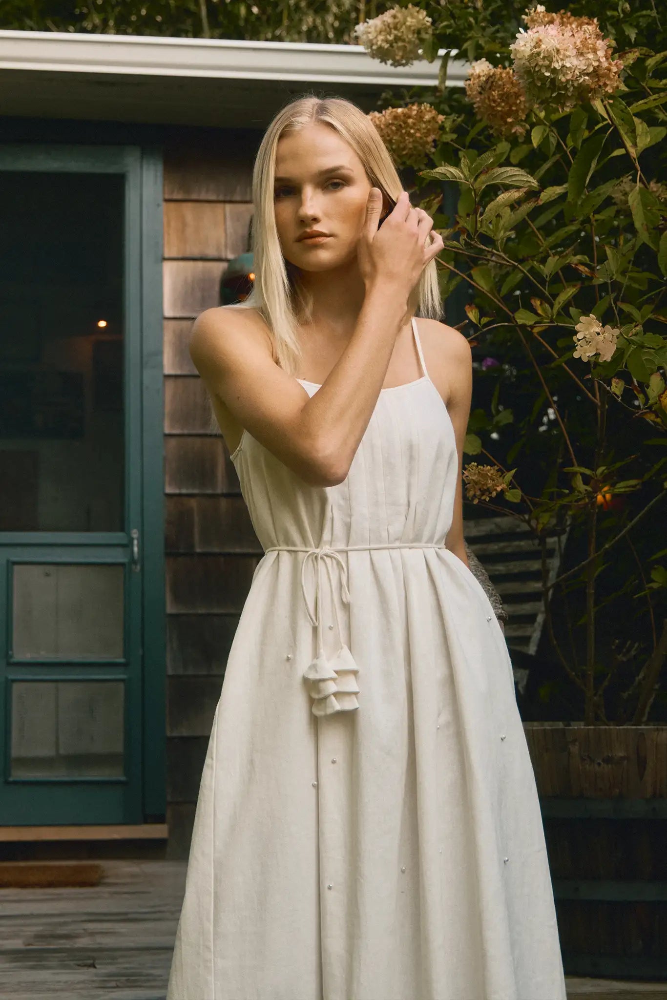 Ivory cotton-linen pearl embellished maxi dress with slim spaghetti straps and optional tie waist.