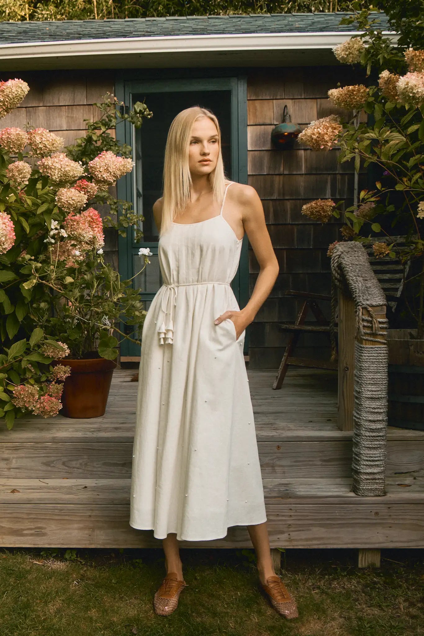 Ivory cotton-linen pearl embellished maxi dress with slim spaghetti straps and optional tie waist.