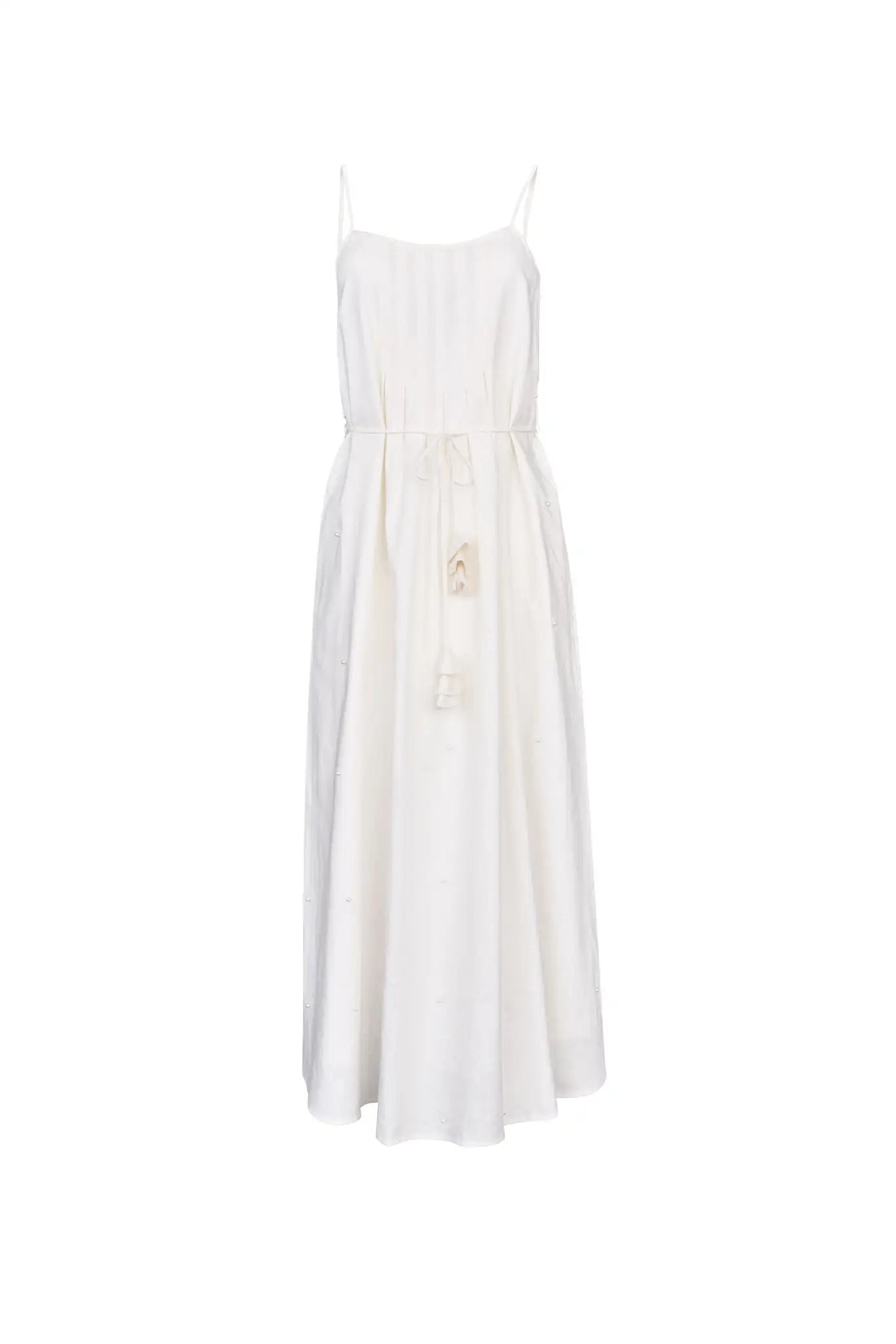Ivory cotton-linen pearl embellished maxi dress with slim spaghetti straps and optional tie waist.