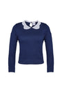 Fitted long-sleeve sweater with a delicate lace-look and eyelet-detailed collar. 