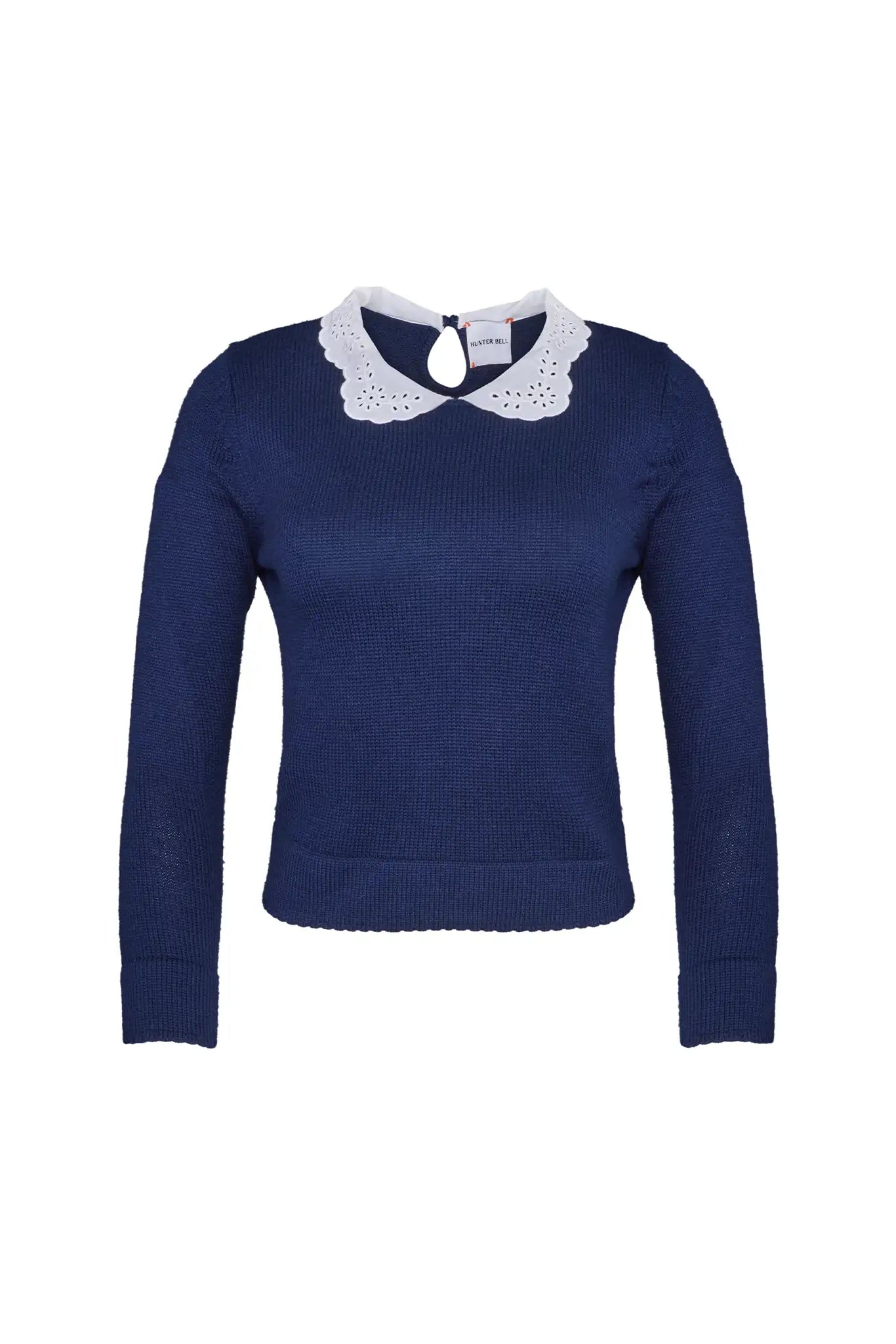Fitted long-sleeve sweater with a delicate lace-look and eyelet-detailed collar. 
