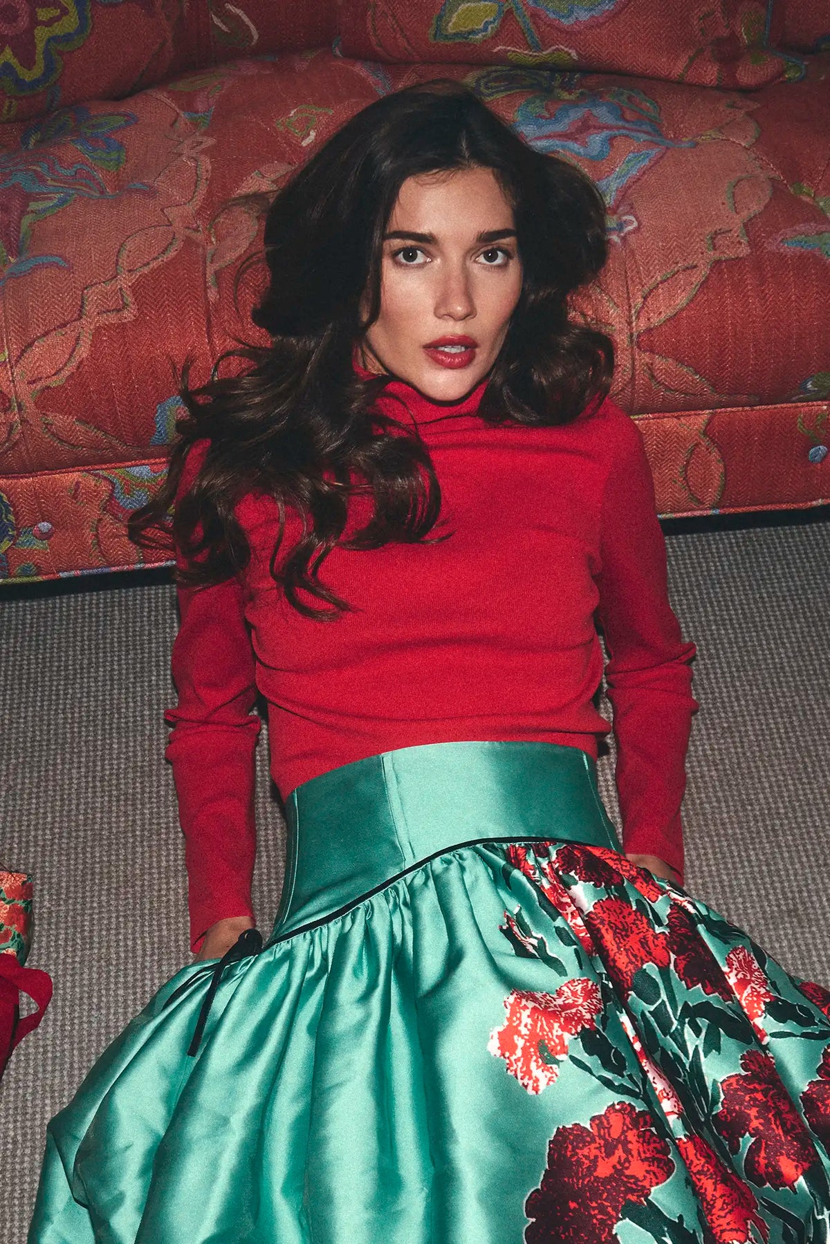 The Nolita Skirt in Evergreen Conservatory paired with the Roen Turtleneck in Crimson Red. 