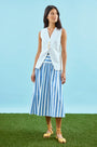 The Alyssa Midi Skirt paired with Roma Vest in blue and white stripe on a model.