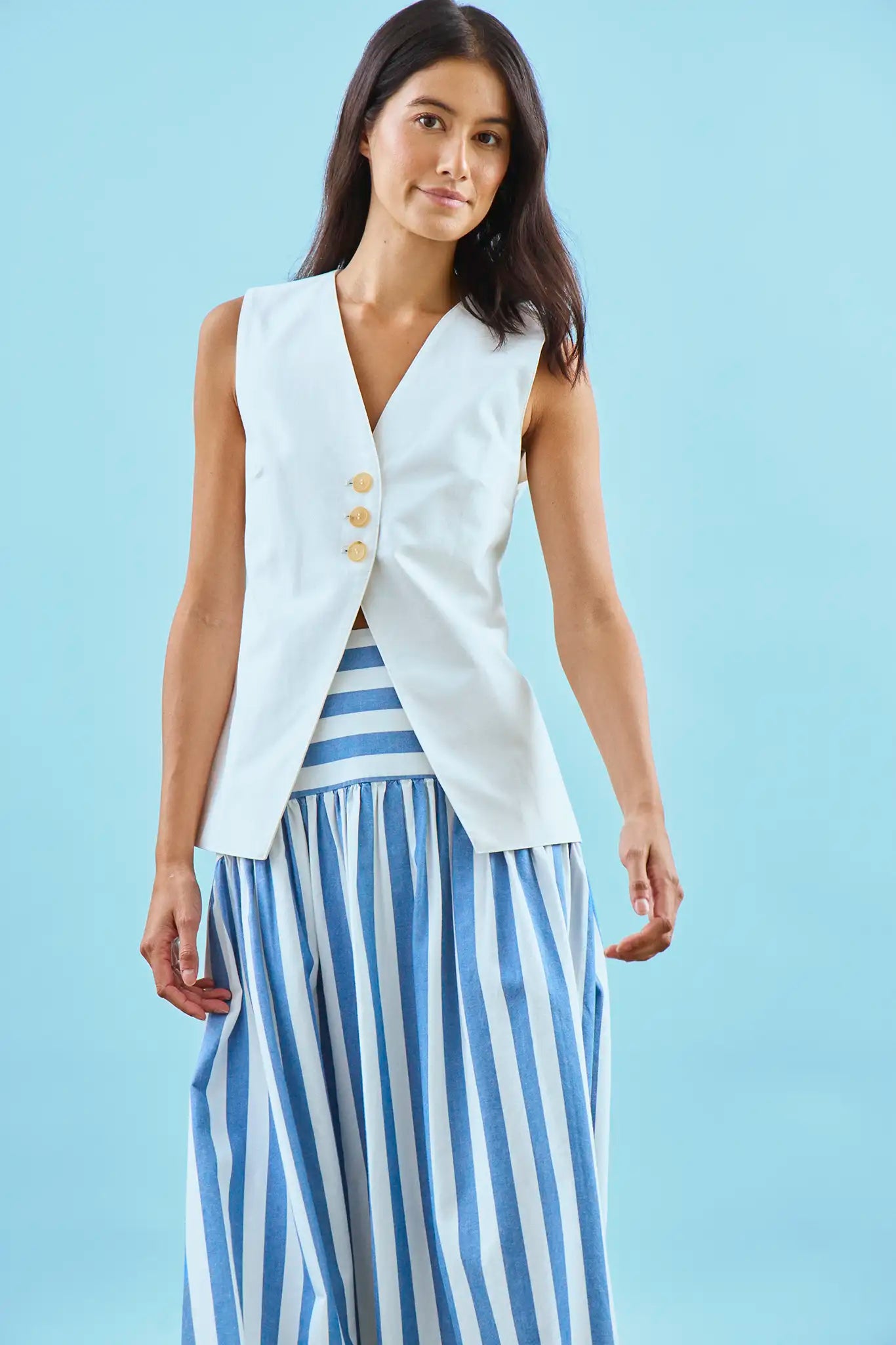 The Roma Vest paired with Alyssa Skirt in Sailing Stripe 