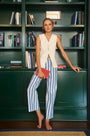 The Juno Pant in Sailing Stripe paired with Roma Vest on model 