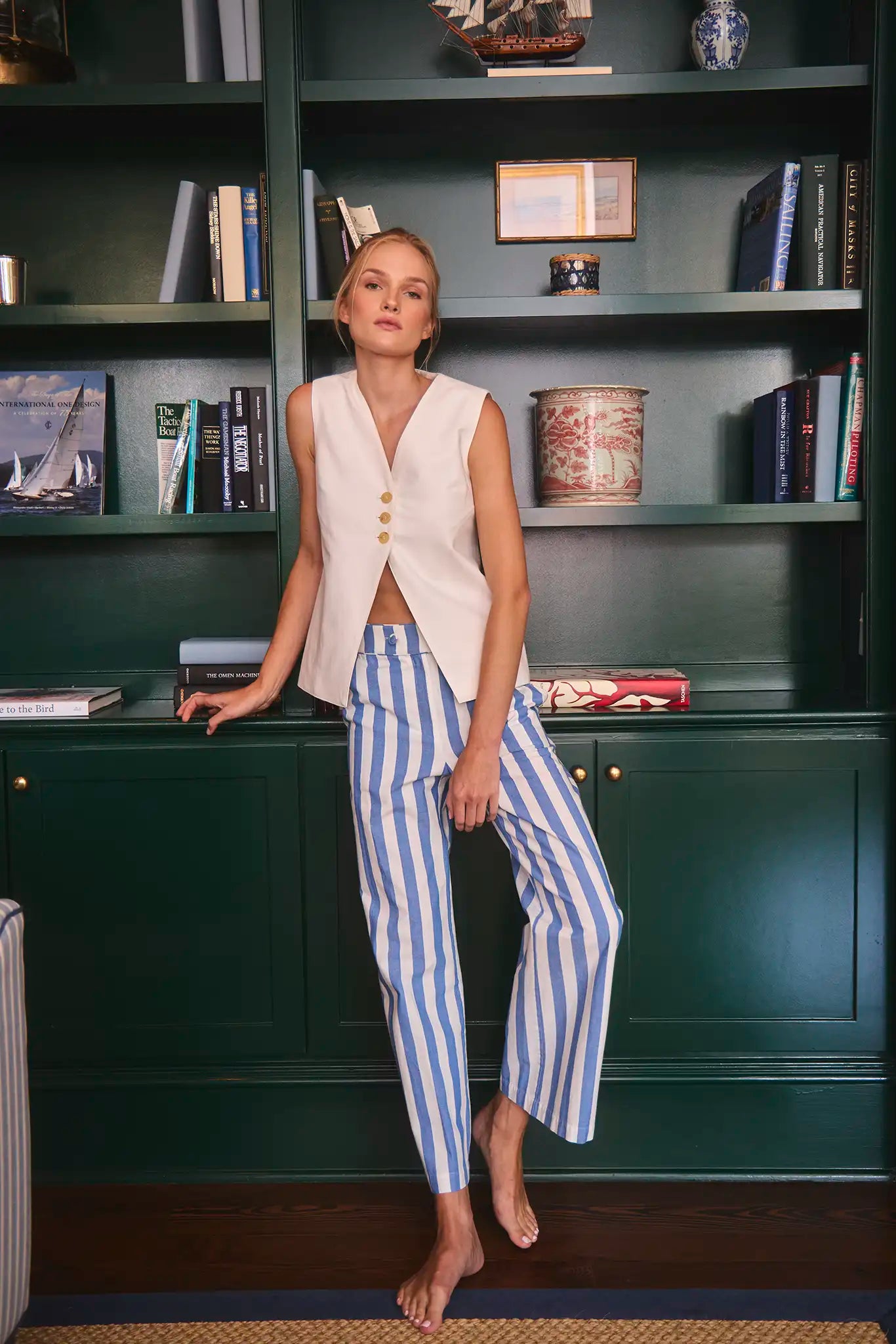 The Roma Vest paired with Juno Pant in Sailing Stripe 