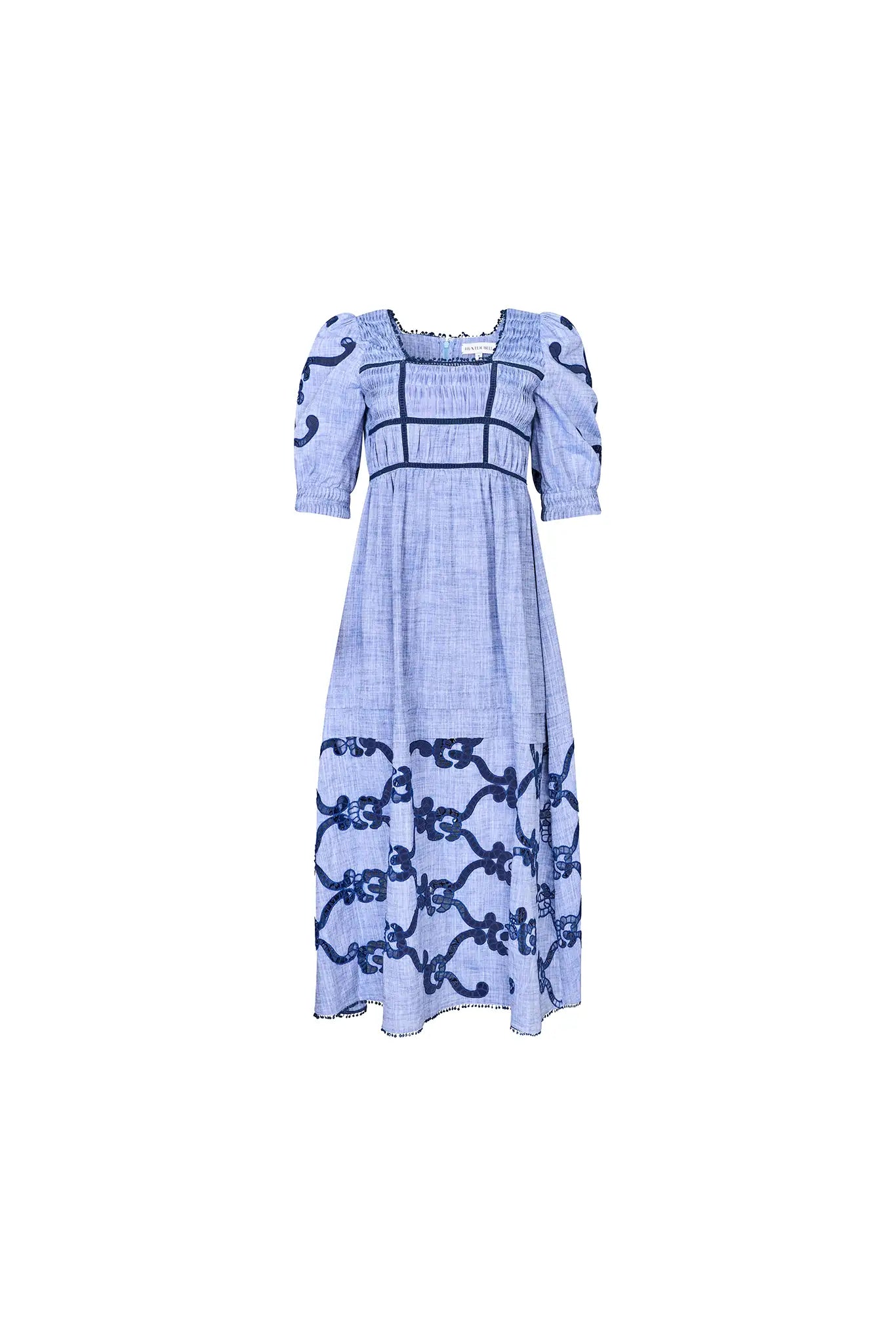 Embroidered Midi Dress with a square neckline, crochet lace tracing the bodice, skirt, and sleeves.