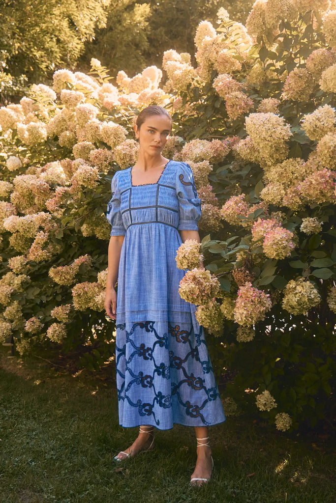 Embroidered Midi Dress with a square neckline, crochet lace tracing the bodice, skirt, and sleeves.