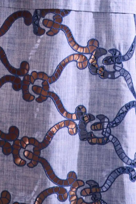 Embroidered Midi Dress with a square neckline, crochet lace tracing the bodice, skirt, and sleeves.