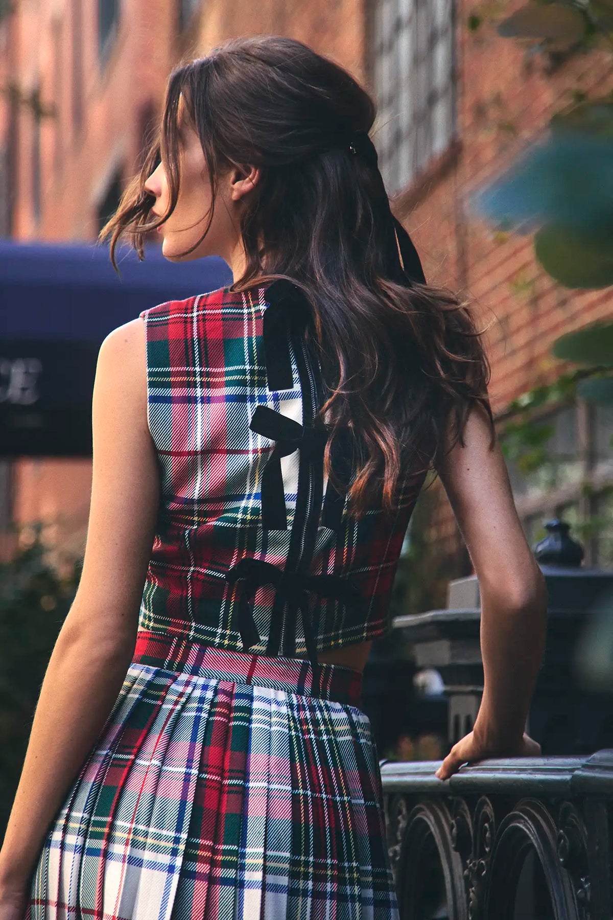 The Royce Top in Kensington Plaid Crimson paired with the Harlan Skirt.