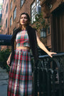 The Royce Top in Kensington Plaid Crimson paired with the Harlan Skirt.