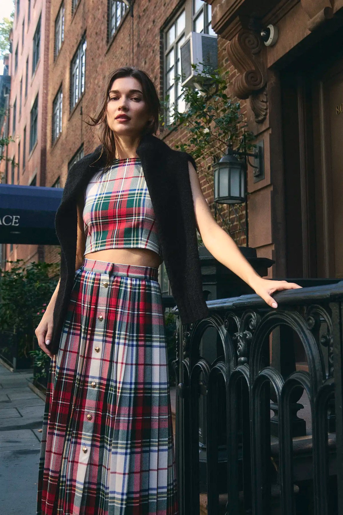 The Royce Top in Kensington Plaid Crimson paired with the Harlan Skirt.