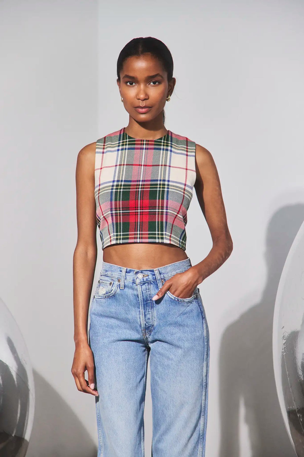 he Royce Top in Kensington Plaid Crimson paired with the denim.