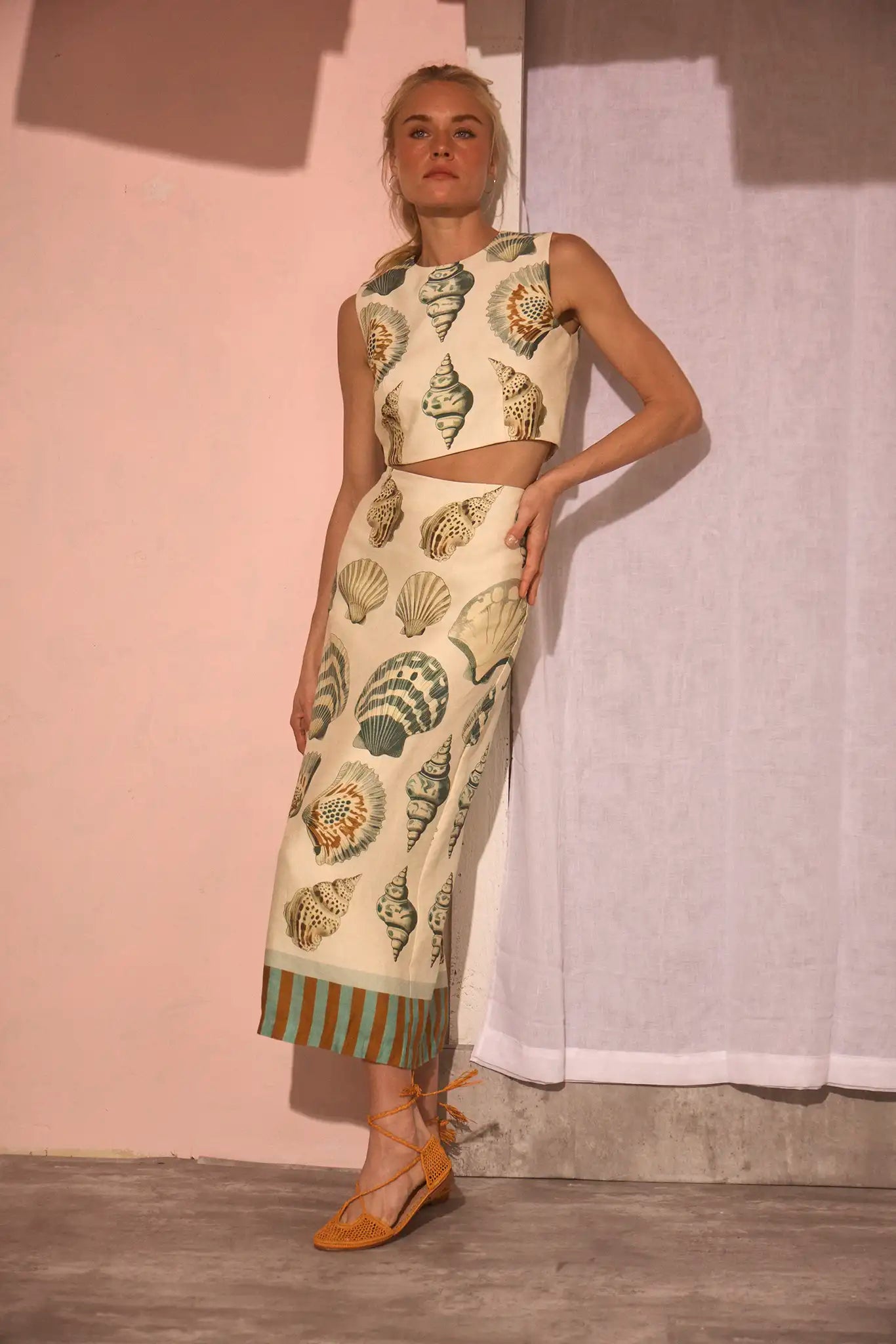 The Royce Top in Somers Shell Cream paired with matching Lynne Skirt.