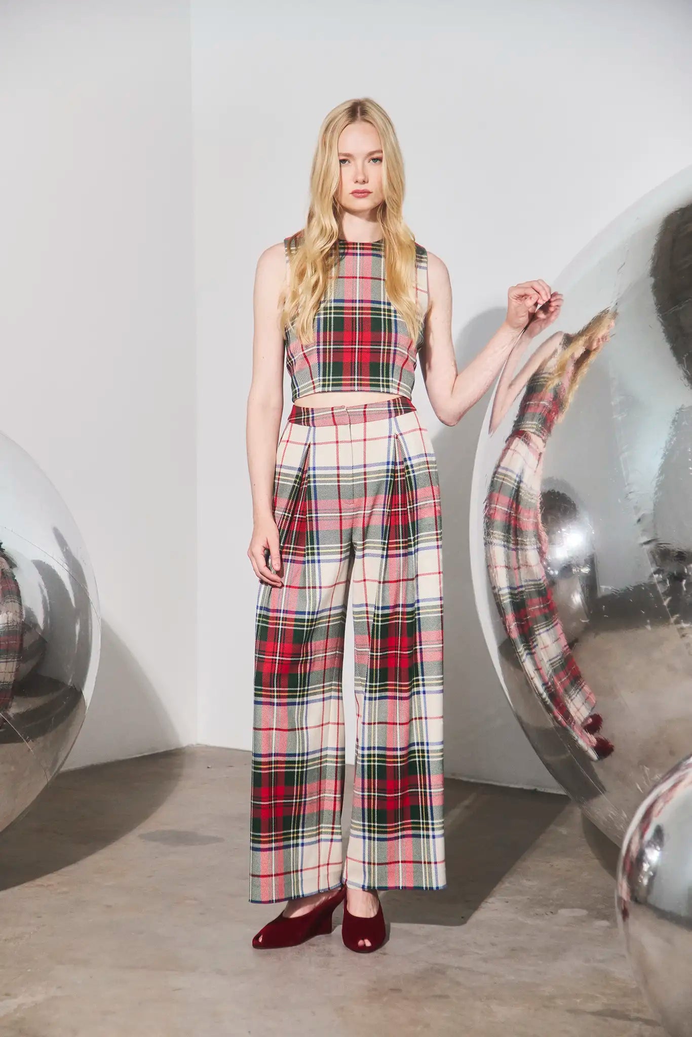 The Ridley Pant in Kensington Plaid Crimson paired with the Royce Top.