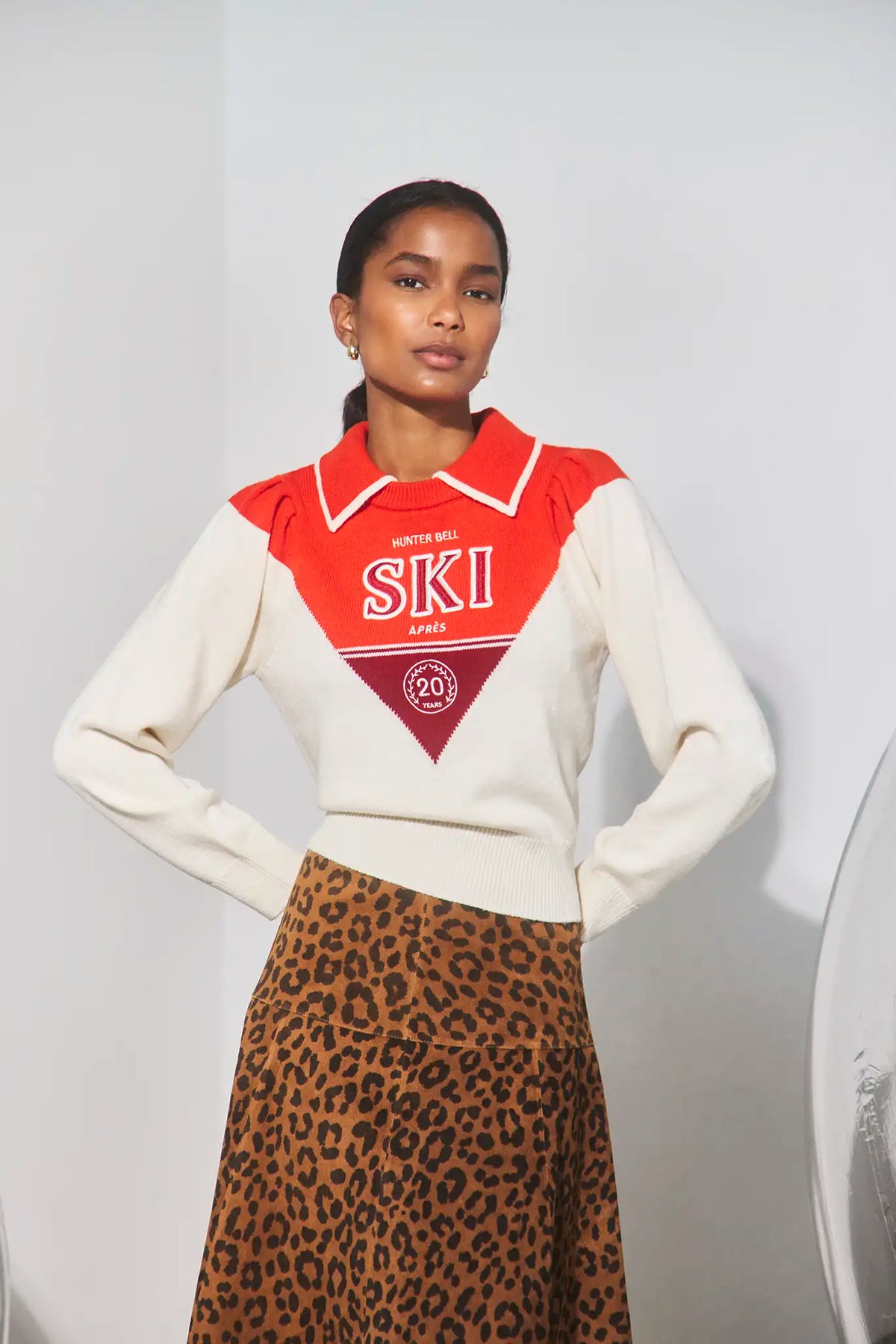 The Ryder Sweater paired with the Ida Skirt in Soho Leopard Camel.