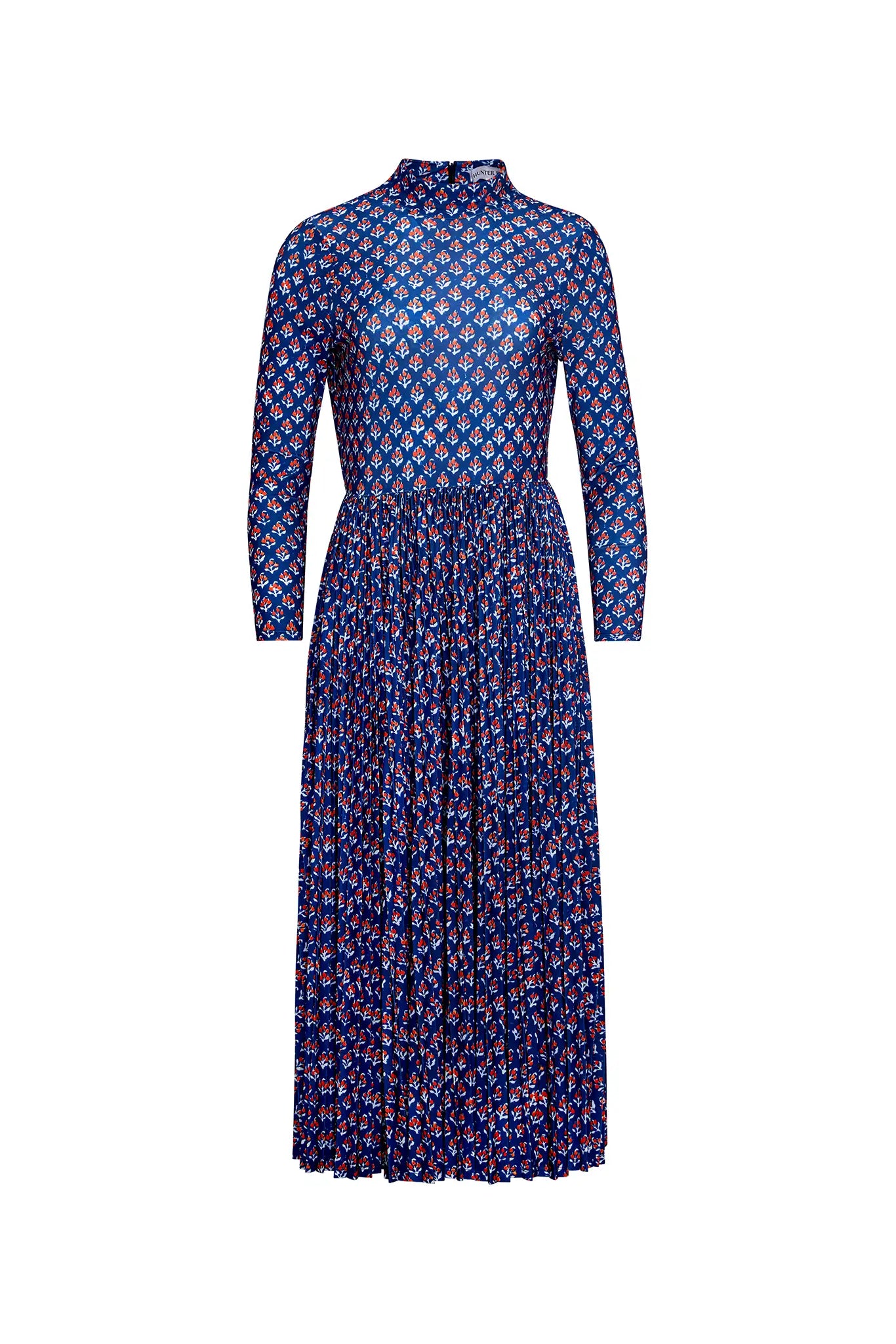 The Sabine Dress has a turtleneck top, a fitted bodice, a pleated skirt in a stretch jersey.