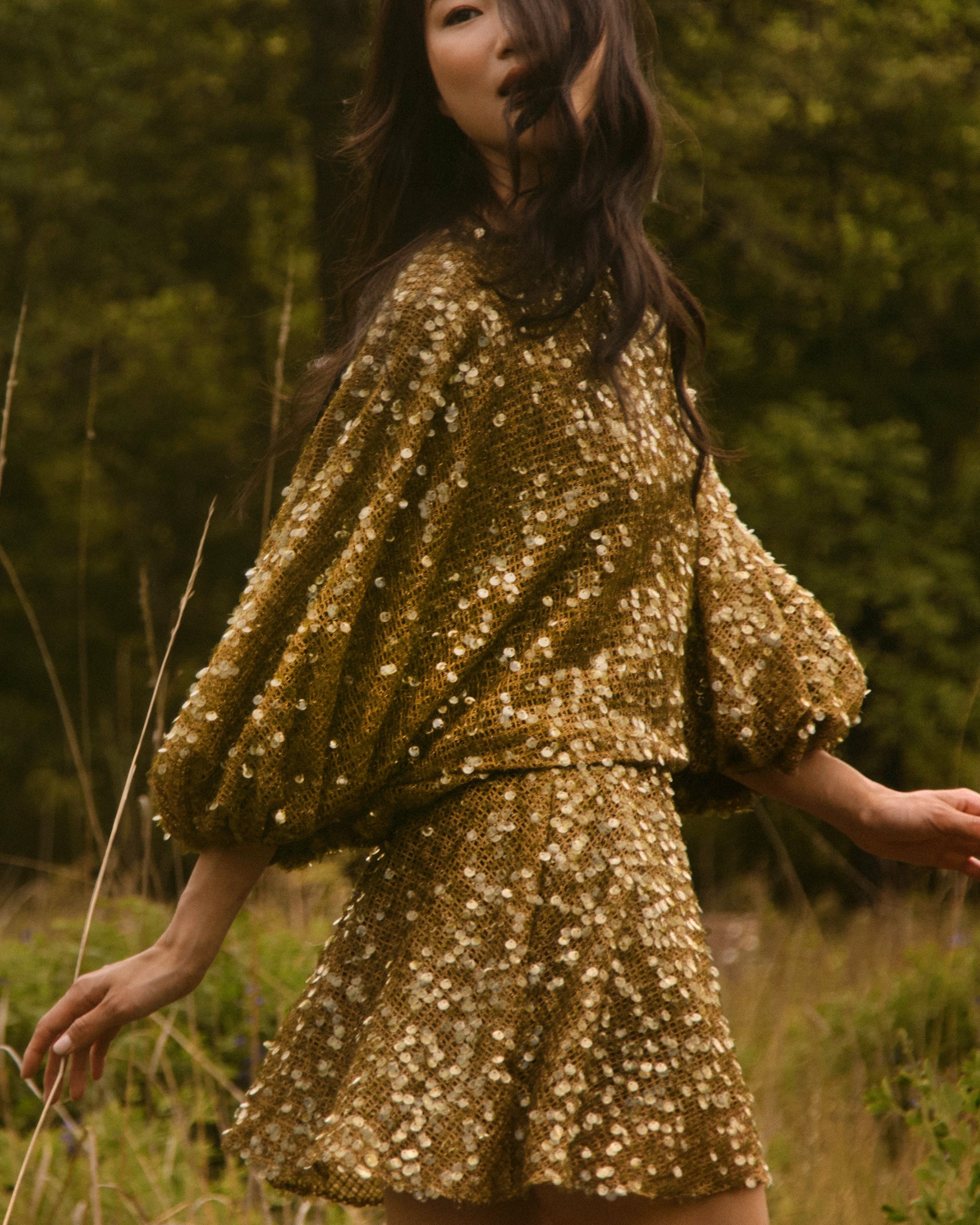 The Salter Mini Dress in Moss Sequin. 