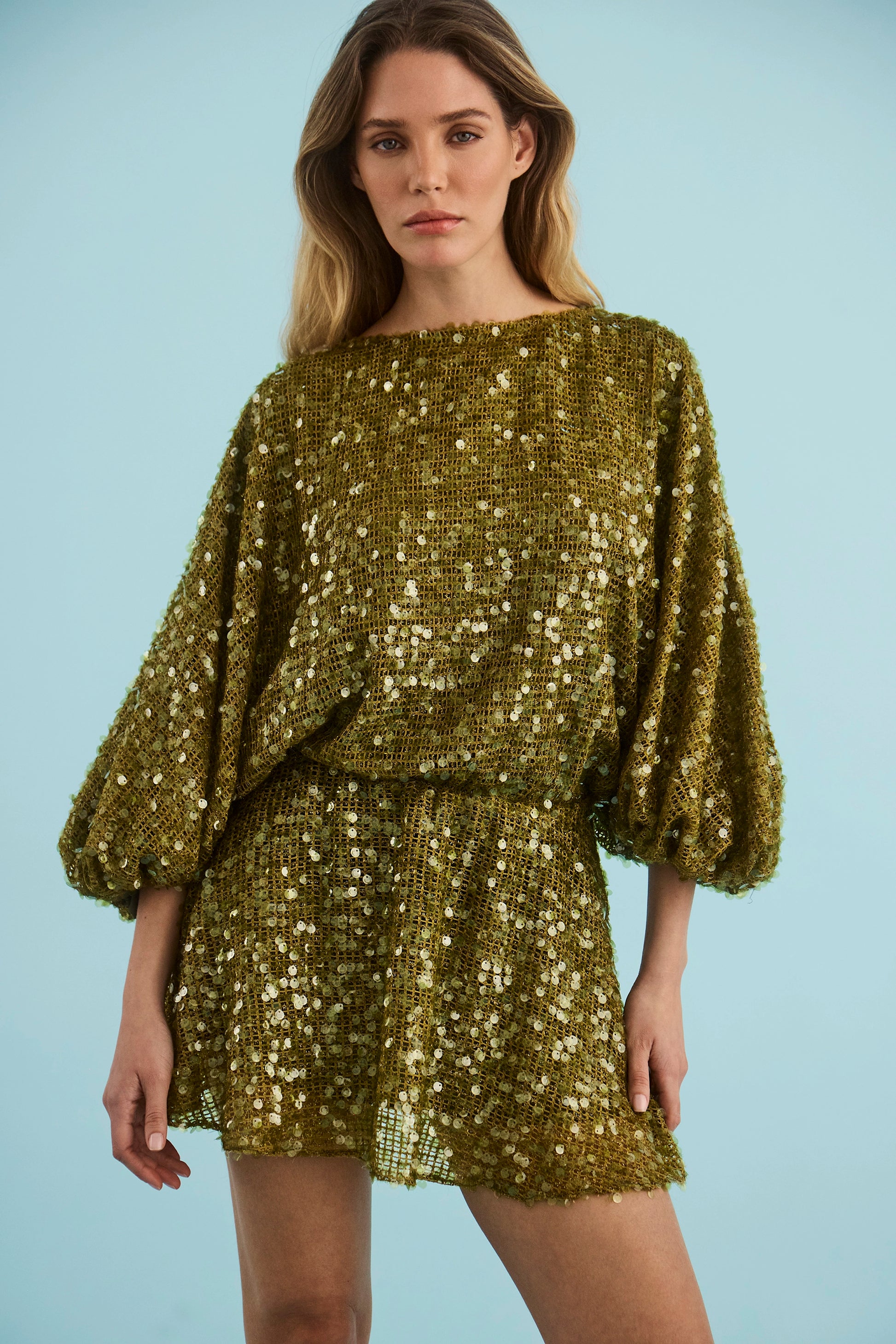 The Salter Mini Dress in Moss Sequin. 