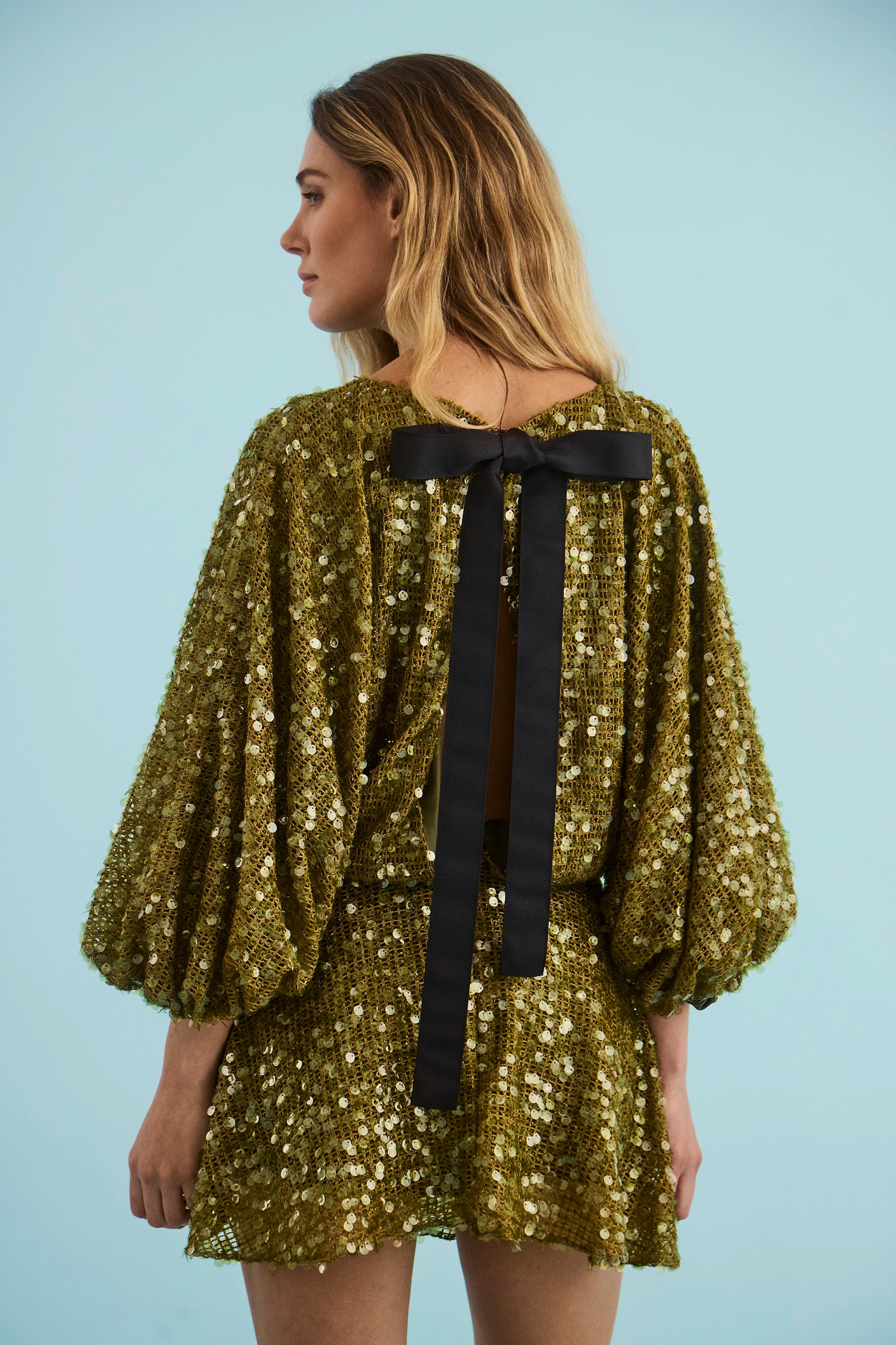 The Salter Mini Dress in Moss Sequin. 
