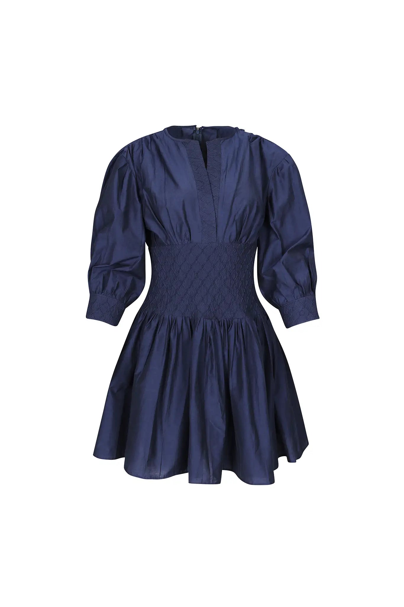 Navy diamond-smocked novelty shirting fabric with a soft V effect and blouson sleeves.